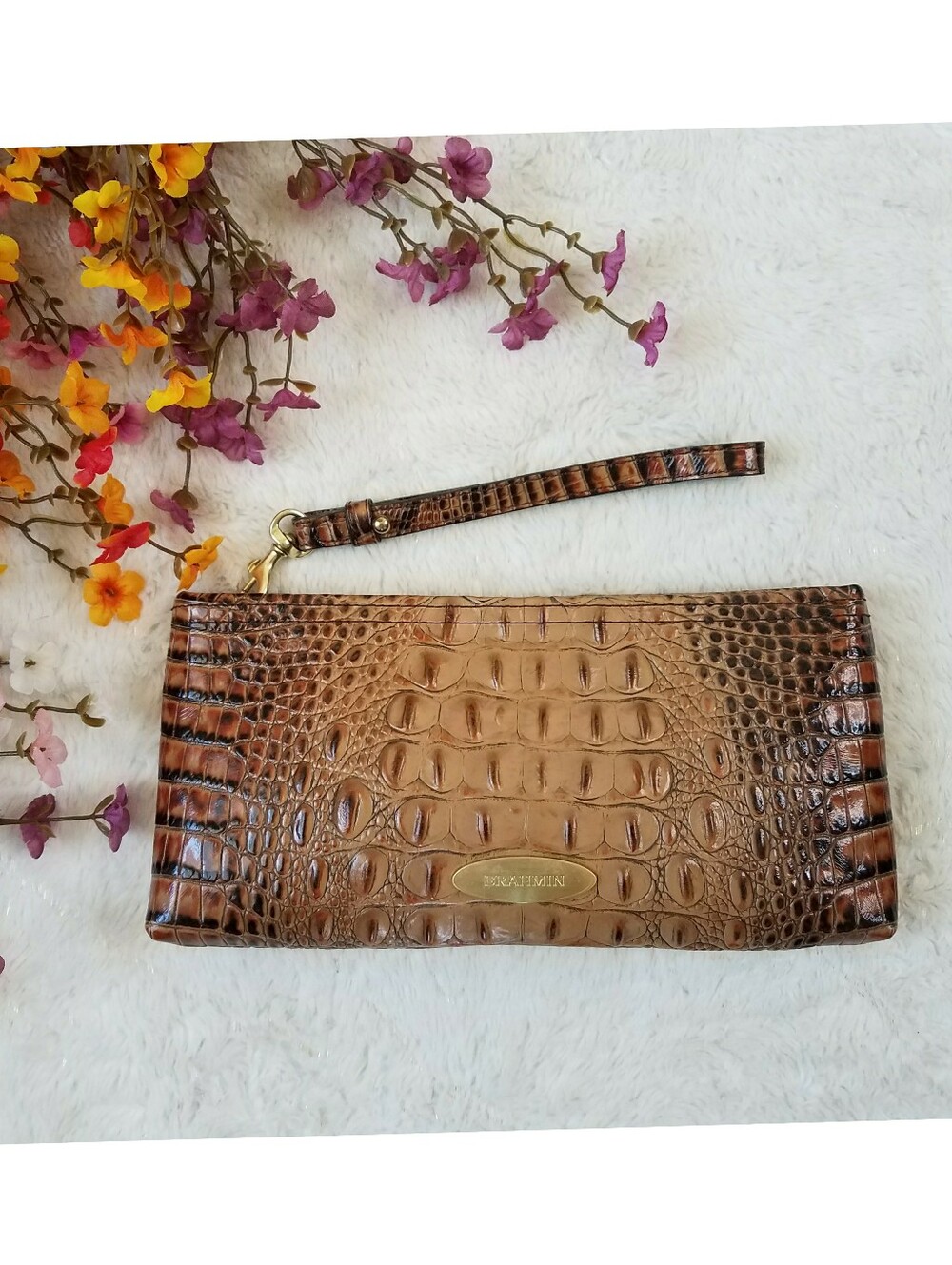 Brahmin Melbourne Toasted Almond Croc Embossed Wristlet